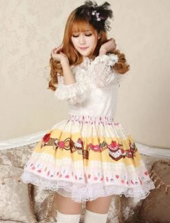 Lolitashow Sweet Yellow Pink Lolita Short Skirt Lace Trim Cake Biscuit Print