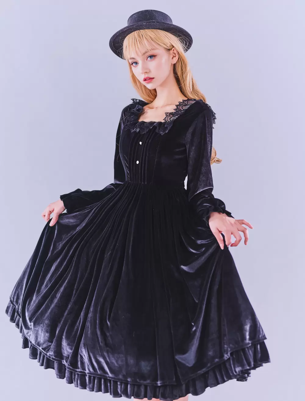 Lolitashow Exclusive Gothic Lolita Dresses Ruffles Lace Black Long Sleeve Velour Daily Casual Dress - Image 7