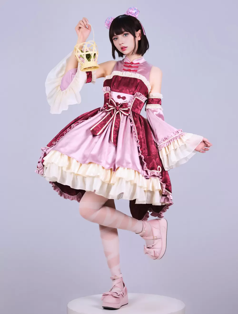 Lolitashow Exclusive Chinese Style Lolita Dress Bows Sleeveless Chiffon Floral Print Burgundy Tea Party Dress