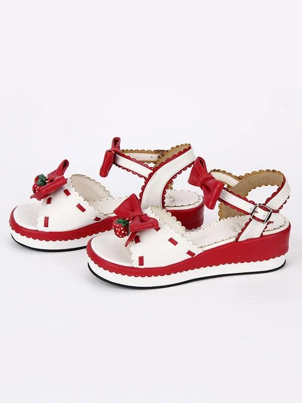 Sweet Lolita Shoes Strawberry Bell Bows White Cutie Platform Sandals - Image 3