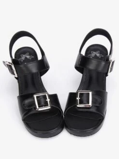Lolitashow Black/White Lolita Sandals Chunky Pony Heels Square Buckles Ankle Strap