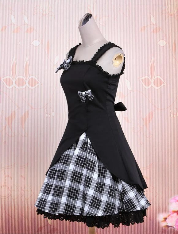 Lolitashow Gothic Lolita Dress JSK Black Gingham Applique Lolita Jumper Skirt - Image 2