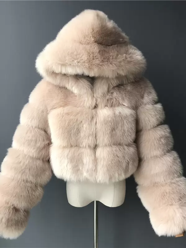 White Faux Fur Coats Hooded Short Jacket Women's Winter Outerwear - Image 5