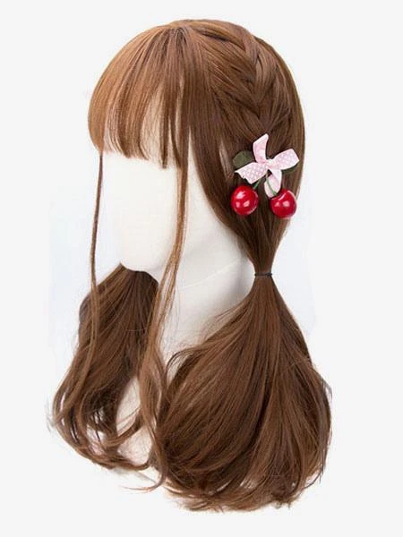 Classic Lolita Wigs Deep Brown Long Straight Blunt Bangs Curls At Ends Synthetic Hair Wigs - Image 3