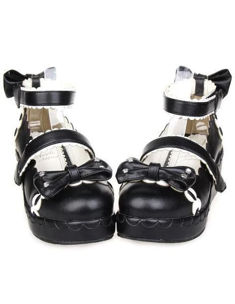 Lolitashow Sweet Lolita Shoes Platform Ankle Strap Bows Decor White Trim - Image 12