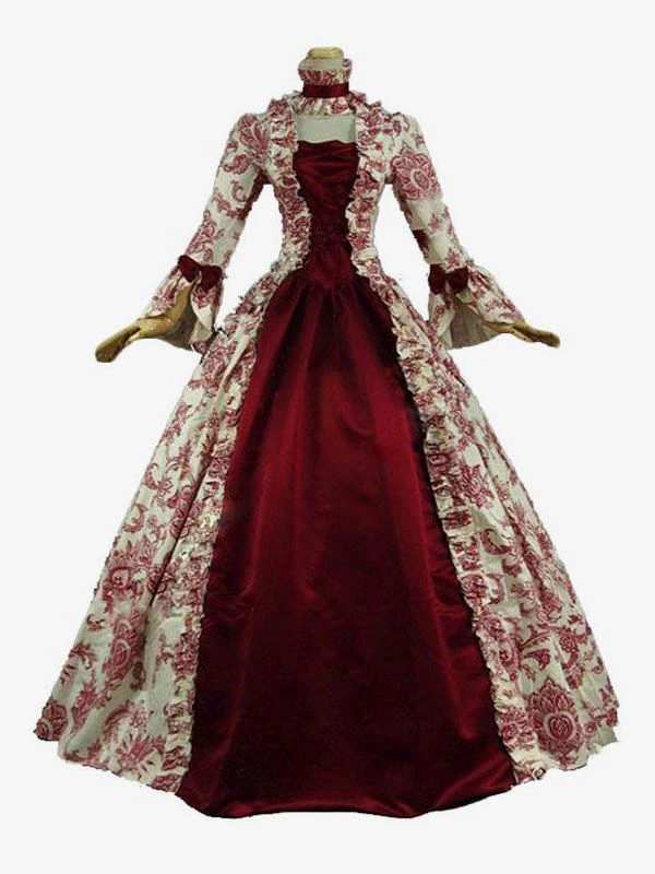 Victorian Dress Costume Prom Dress Baroque Costume Dark Red Lace Ruffles Floral Print Vintage Victorian Era Clothing With Choker Retro Outfits Halloween