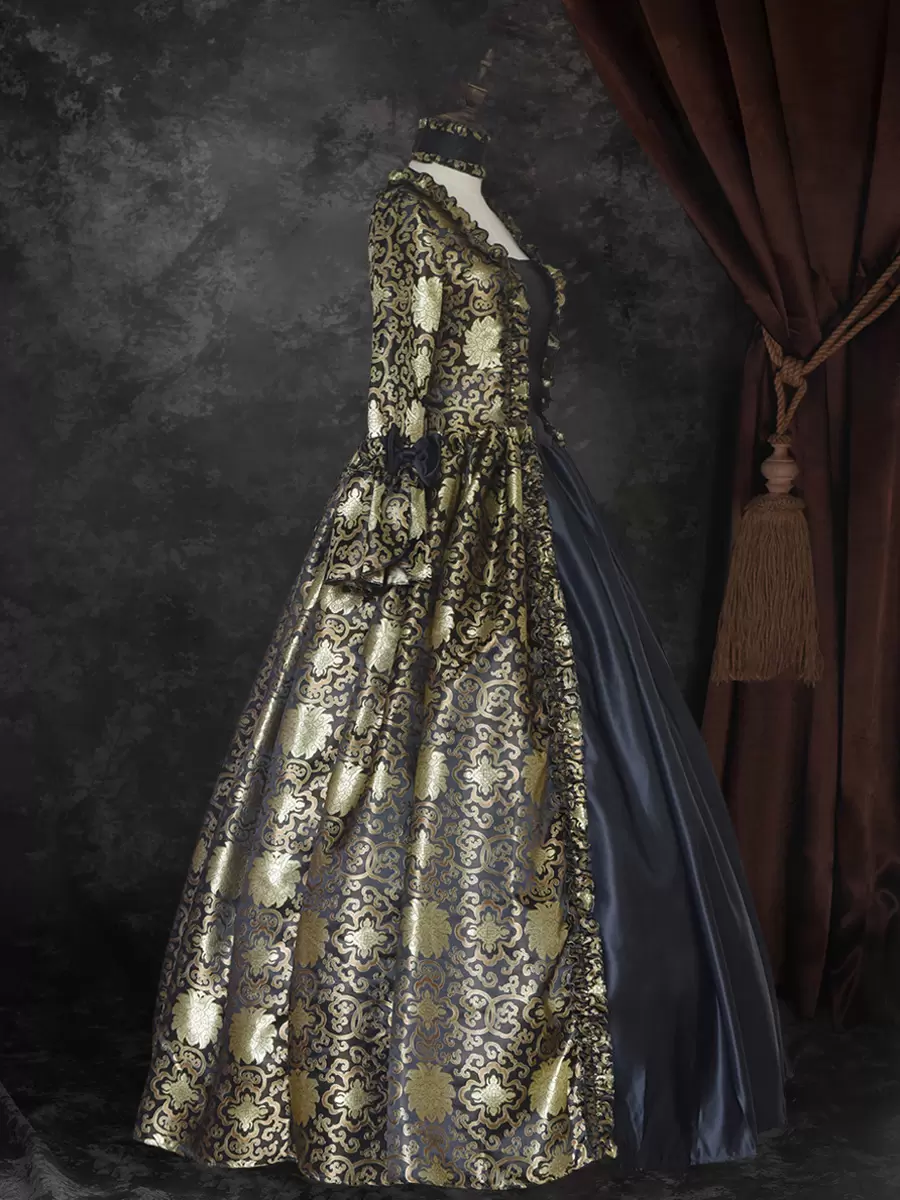 Black Gold Retro Costumes Lace Up Satin Fabric Marie Antoinette Costume Floral Print Dress Women's Gothic Set Party Prom Dress - Image 4