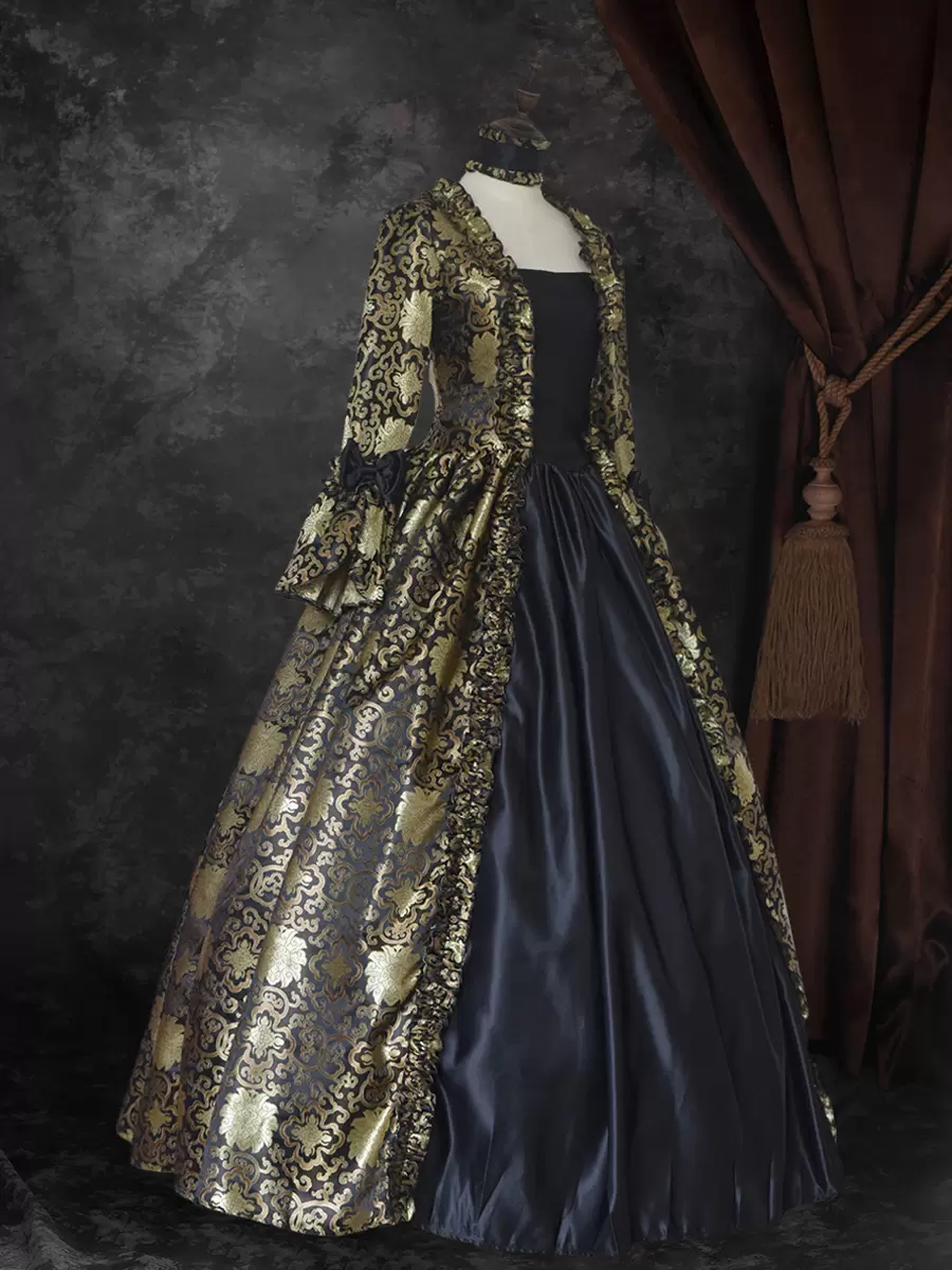 Black Gold Retro Costumes Lace Up Satin Fabric Marie Antoinette Costume Floral Print Dress Women's Gothic Set Party Prom Dress - Image 2