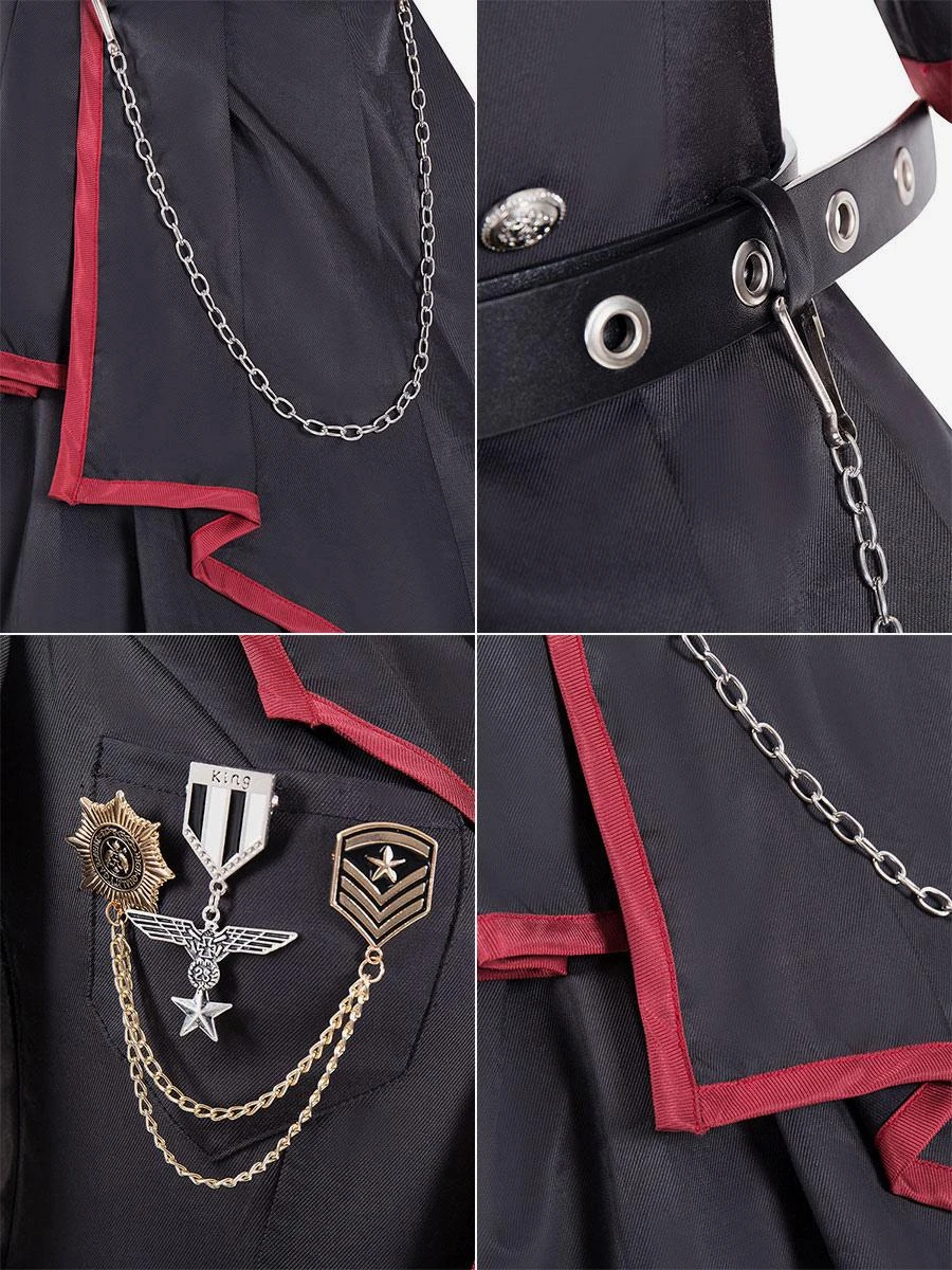 Military Style Lolita OP Dress 3 Pieces Set Black Chains Rivets Gothic Lolita One Piece Dresses - Image 6