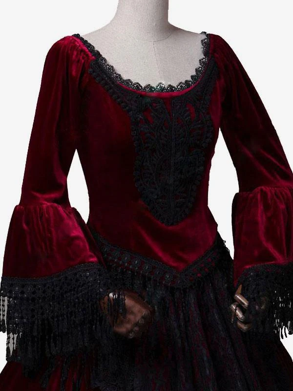 Burgundy Retro Costumes Women's Marie Antoinette Costume Lace Lace Polyester Tunic Dress Retro Masquerade Ball Gown - Image 5
