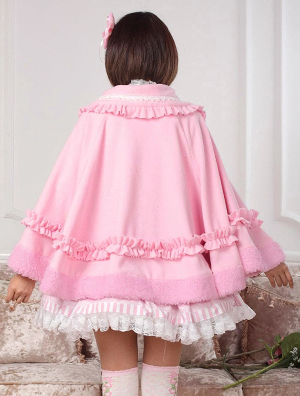 Lolitashow Sweet Lolita Clothing Pink Bow Ruffled Milanoo Lolita Cloak With Peter Pan Collar - Image 6