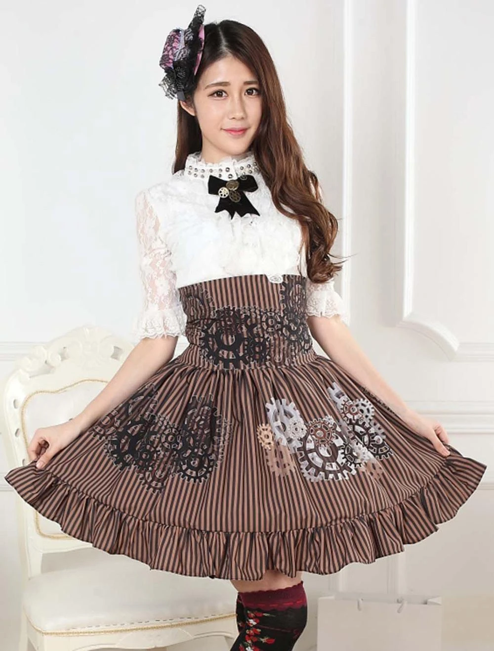 Lolitashow Sweet Lolita Skirt Black And White Gear Steampunk SK Lolita Skirt - Image 2