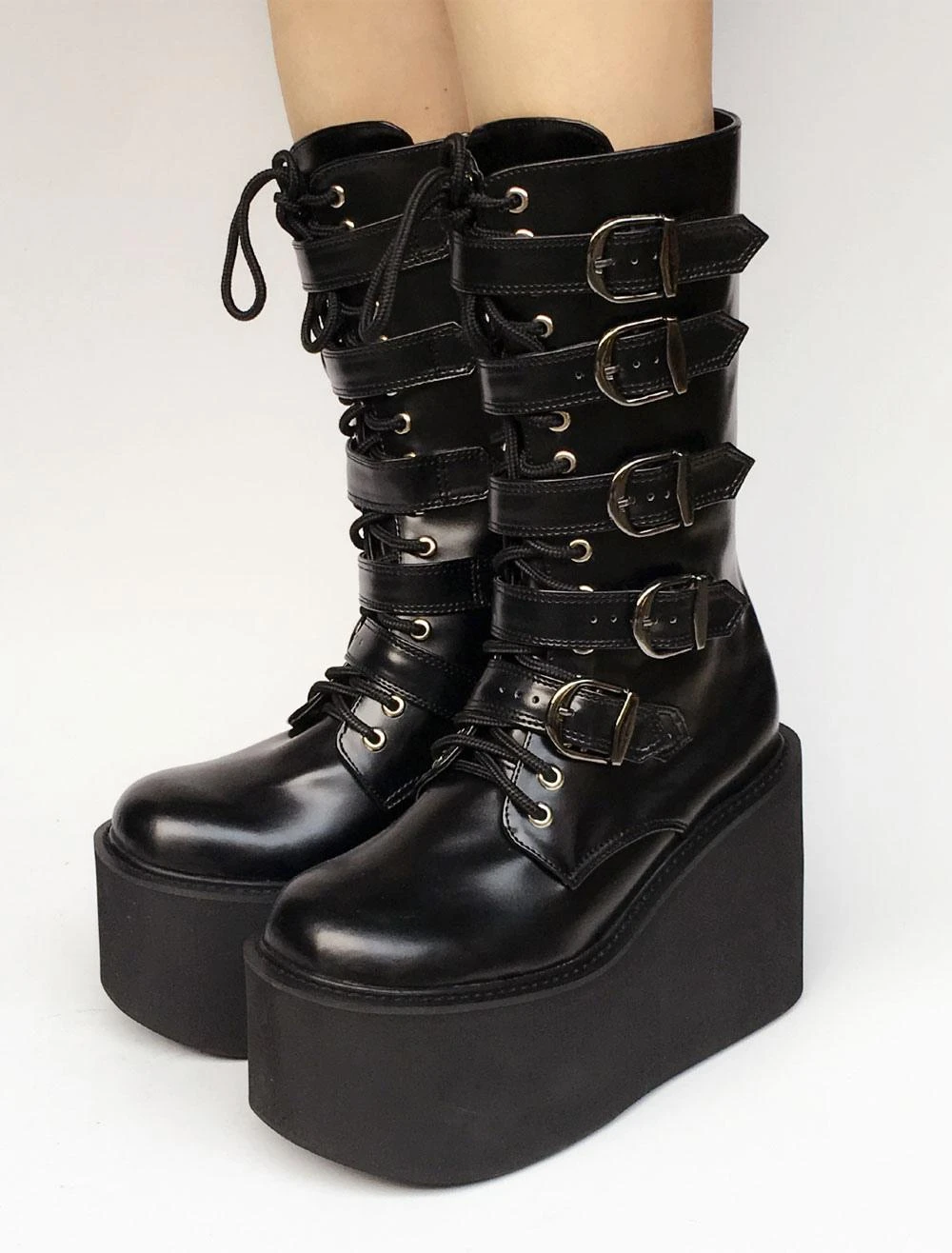Lolitashow Lolita Platform Boots Black Wedge Buckle Lace Up Round Toe Lolita Short Boots - Image 4