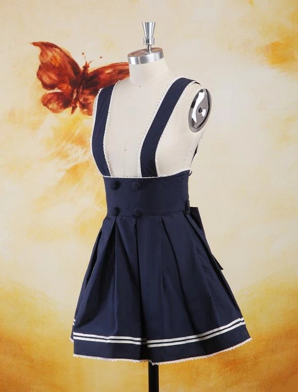 Lolitashow Navy Blue Cotton Lolita Skirt Salopette Beige Stripe - Image 6