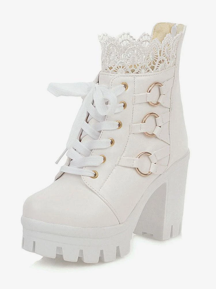 Sweet Lolita Boots Black Lace Round Toe PU Leather Chunky Heel Lolita Footwear - Image 4