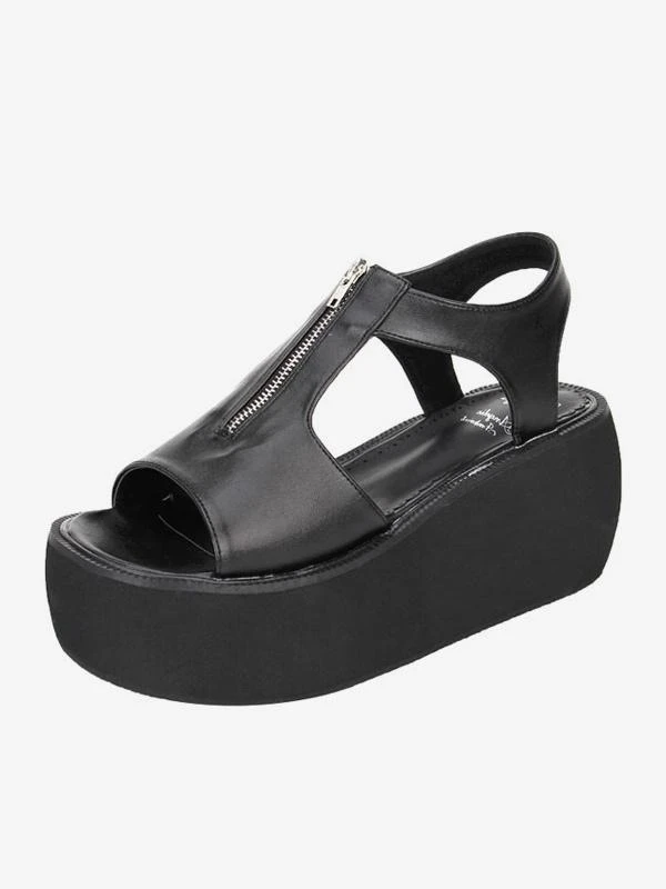 Lolitashow Gothic Matte Black Lolita Sandals Platform Zipper Designed - Image 2