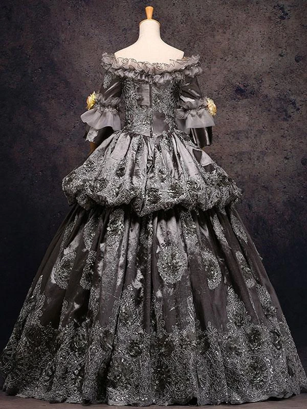 Gray Vintage Costume Rococo Lace Ruffles Off The Shoulder Flowers Beaded Ball Gown Dress Halloween - Image 2
