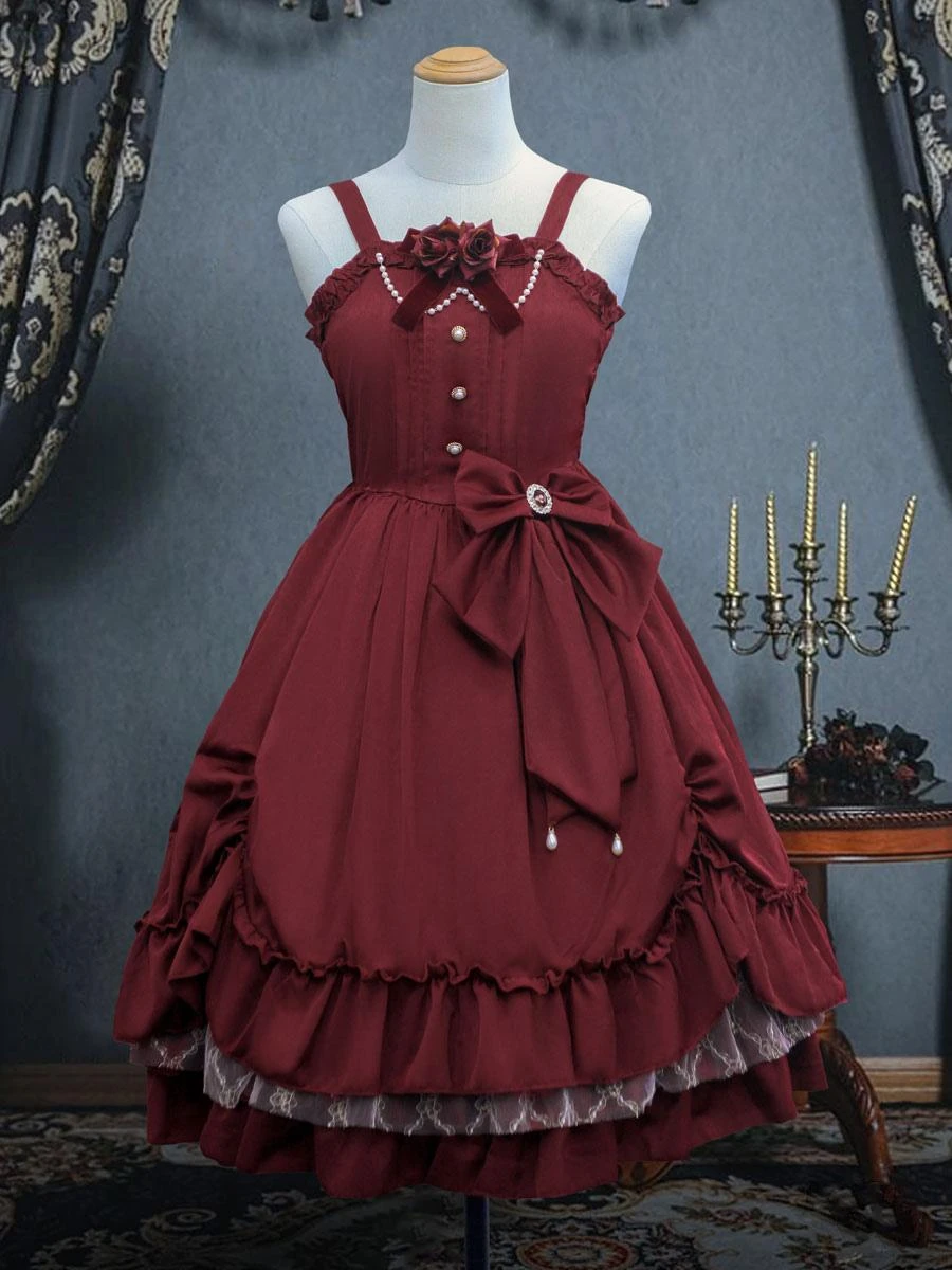 Classical Lolita JSK Dress Ink Green Ruffles Bows Sleeveless Polyester Lolita Jumper Skirt - Image 4