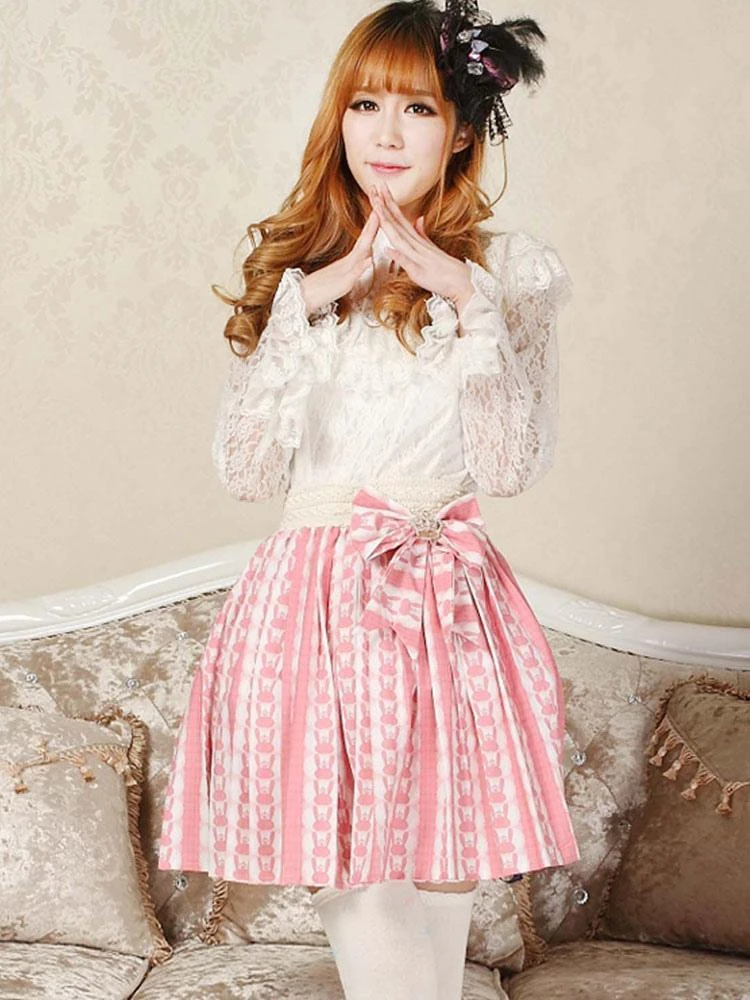 Sweet Lolita SK Print Bow Pleated Pink Lolita Skirt - Image 2