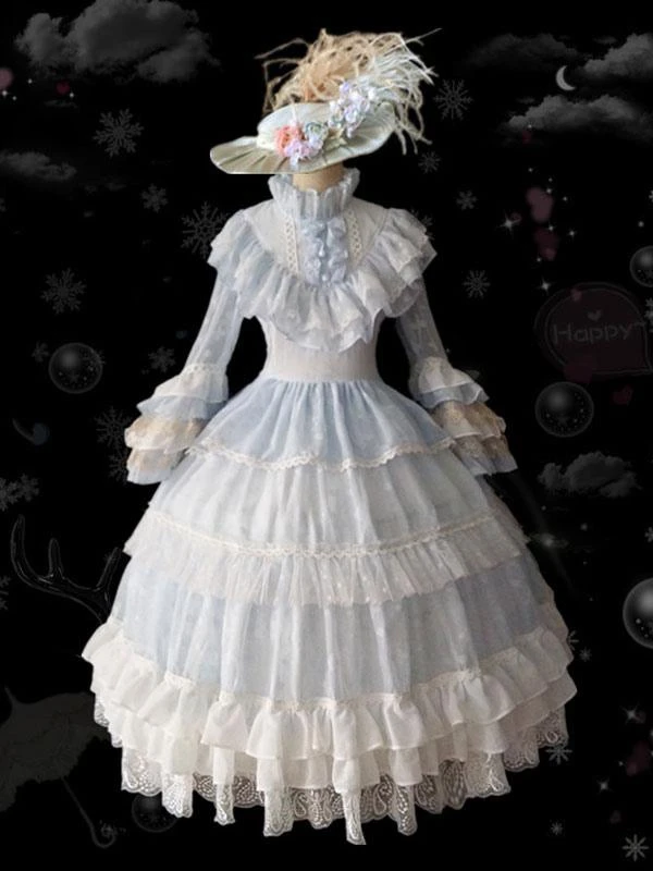 Sweet Lolita OP Dress Retro Lolita Wedding Dress 4-Piece Set Baby Blue Ruffles Long Sleeve Lolita One Piece Dresses Outfit - Image 4