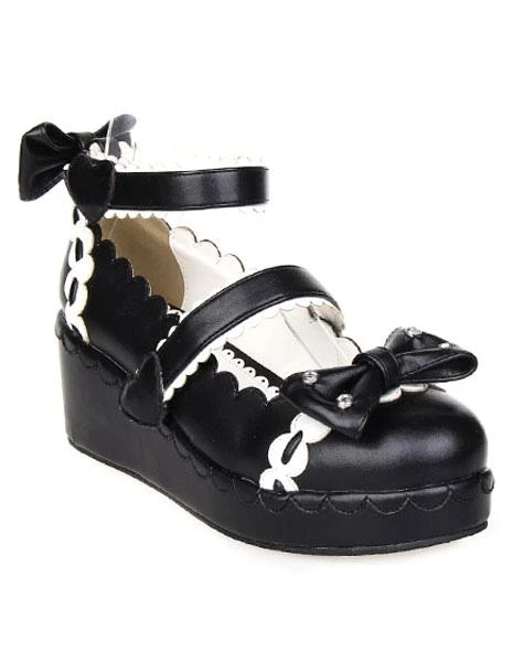 Lolitashow Sweet Lolita Shoes Platform Ankle Strap Bows Decor White Trim - Image 14