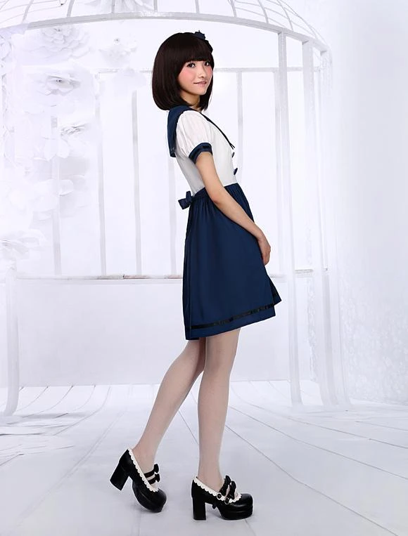 Lolitashow White Navy Blue Lolita One-piece Dress Sailor Style Short Sleevs - Image 8