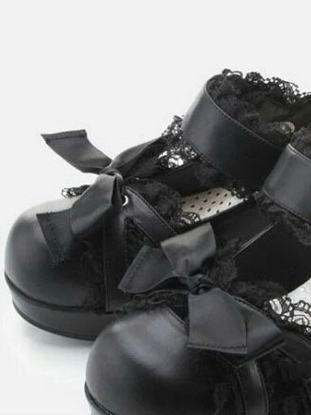 Sweet Lolita Shoes Dark Navy Lace Square Toe Bows PU Chunky Heel Lolita Pump Shoes - Image 4