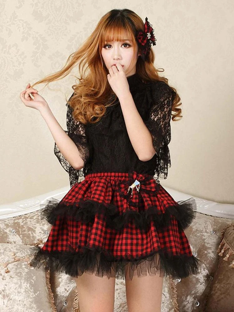 Classic Lolita SK Bow Plaid Ruffle Lace Red Lolita Skirt