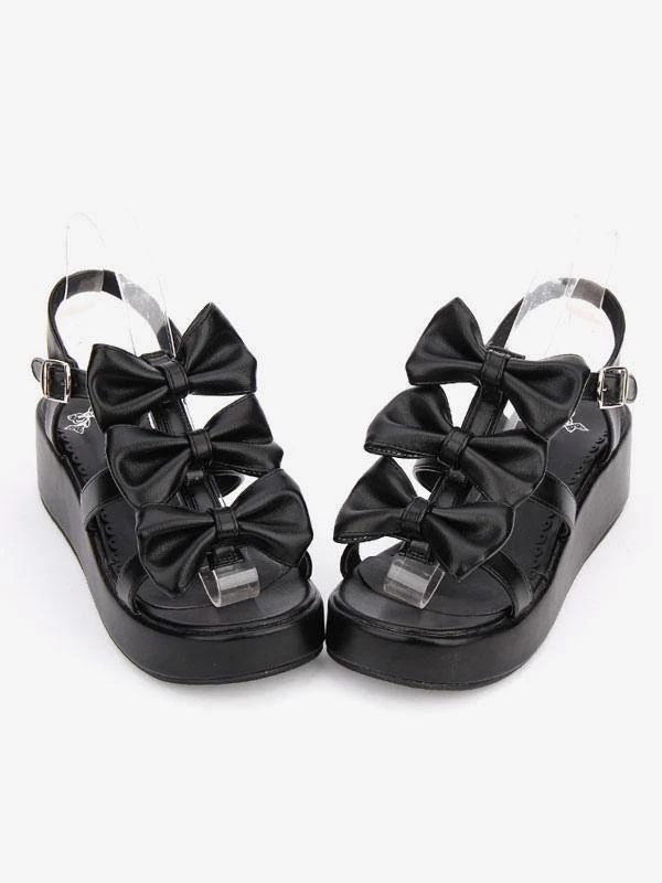 Sweet Lolita Shoes Open Toe Wedge Heel PU Bows Flat White Lolita Sandals - Image 7