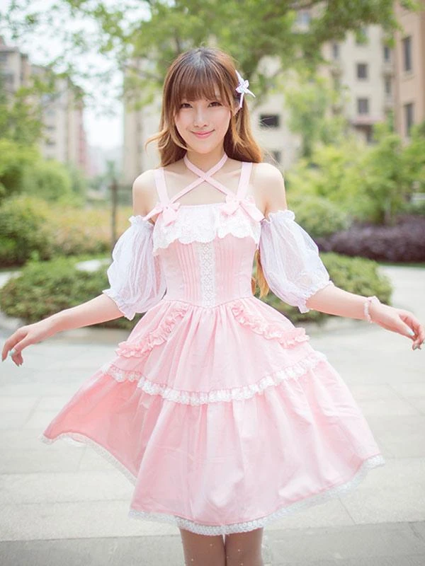Lolitashow Sweet Lolita Dress Lace Ruffle Chiffon Lolita Jumper Skirt - Image 4