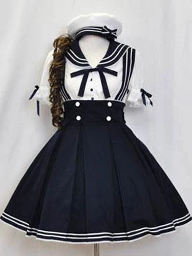 Sailor Lolita Outfits Deep Blue Short Sleeve Shirt With Pleated Jumper Skirt