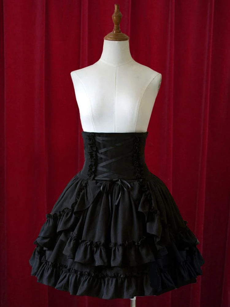 Lolitashow Pure Black High Waist Lolita Short Skirt With Layered Ruffles