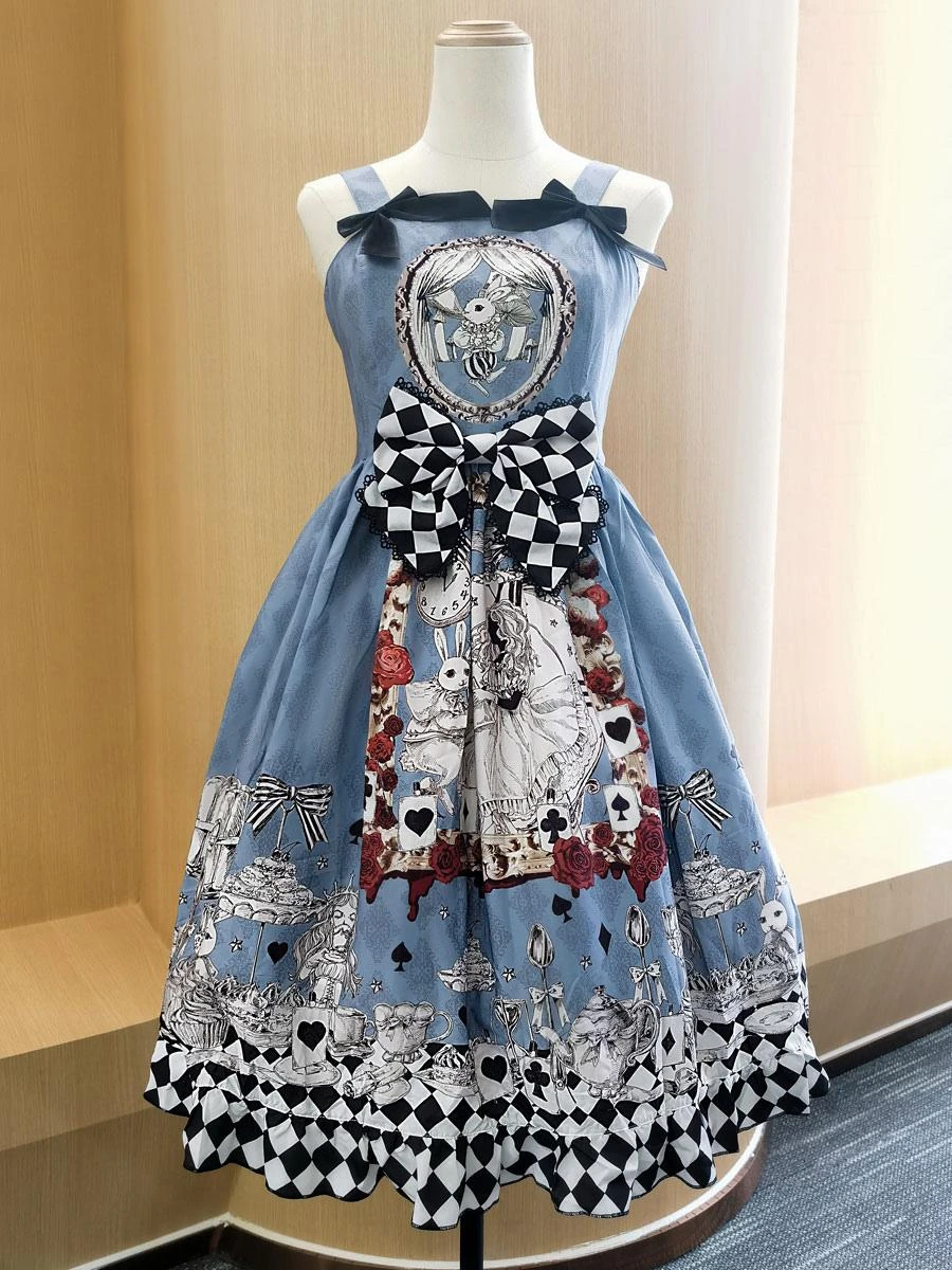 Sweet Lolita Alice In Wonderland Costumes JSK Light Sky Blue Bowknots Sleeveless Polyester Jumper Skirts - Image 4