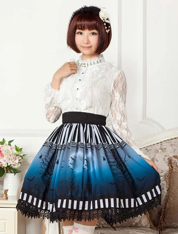 Lolitashow Sweet Lolita Skirt The Bat Under The Blue And White Moon Night SK Lolita Skirt - Image 4