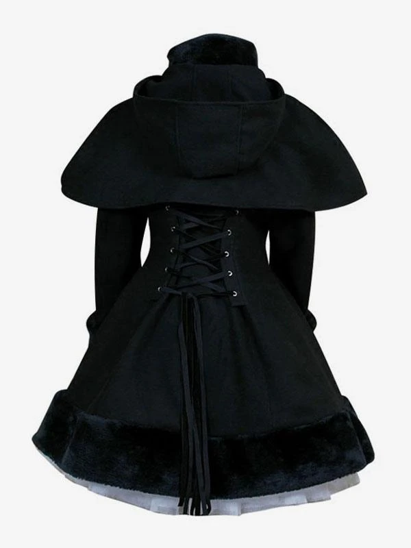 Gothic Lolita Outfits Wool Black Ribbons Hooded Cape With Winter Coat - Image 5