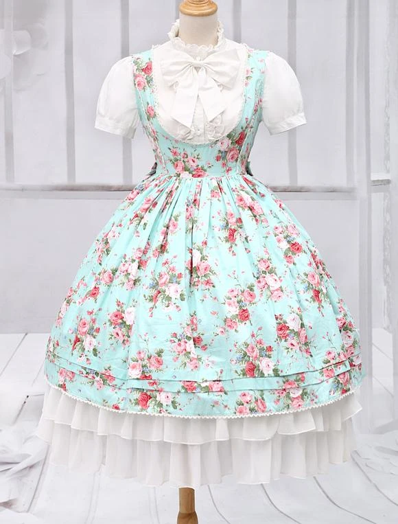 Lolitashow Light Blue Cotton Lolita One-piece Dress Flower Print Short Sleeves Chiffon Ruffles - Image 2
