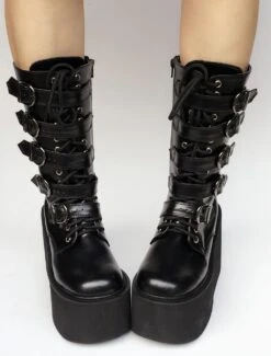 Lolitashow Lolita Platform Boots Black Wedge Buckle Lace Up Round Toe Lolita Short Boots
