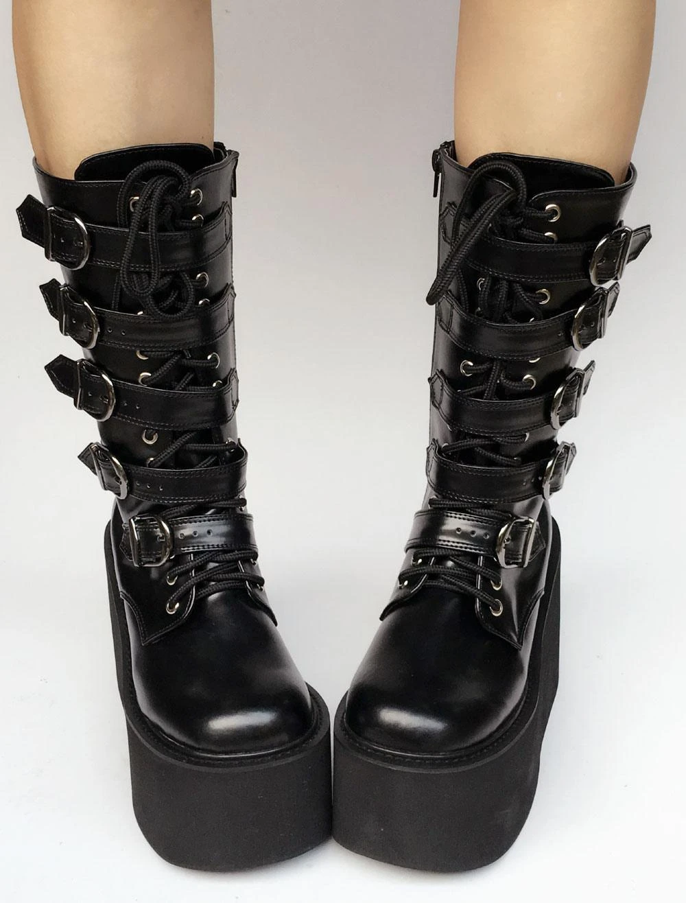 Lolitashow Lolita Platform Boots Black Wedge Buckle Lace Up Round Toe Lolita Short Boots