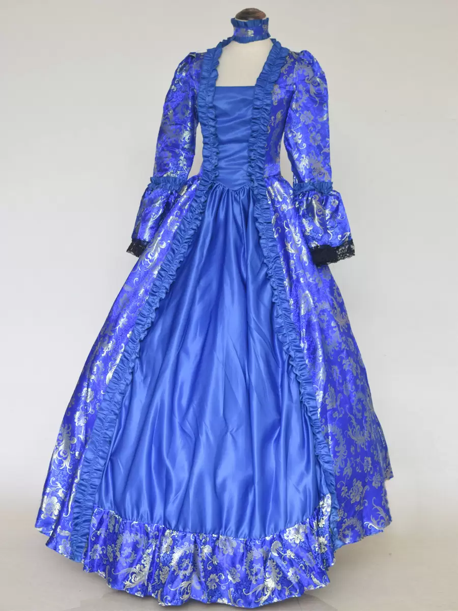Blue Retro Costumes Lace Up Satin Fabric Floral Print Choker Marie Antoinette Costume Women's Gothic Set Vintage Clothing - Image 2