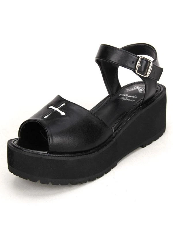 Lolitashow Gothic Black Lolita Platofrm Sandals White Cross Print Ankle Strap Buckle - Image 3
