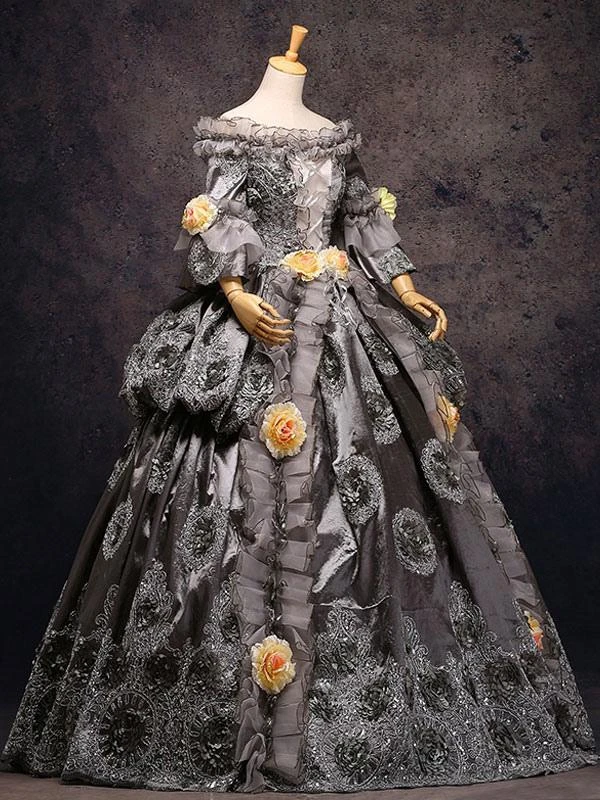 Gray Vintage Costume Rococo Lace Ruffles Off The Shoulder Flowers Beaded Ball Gown Dress Halloween - Image 3
