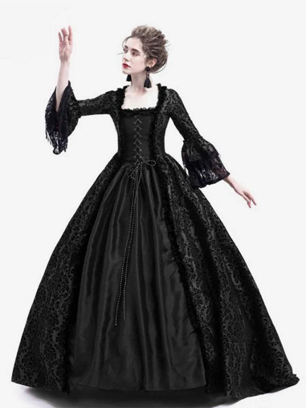 Victorian Dress Costume Prom Dress Long Gothic Trumpet Long Sleeves Black Ball Gown Square Neckline Victorian Era Clothing With Hat Retro Costumes Halloween - Image 4