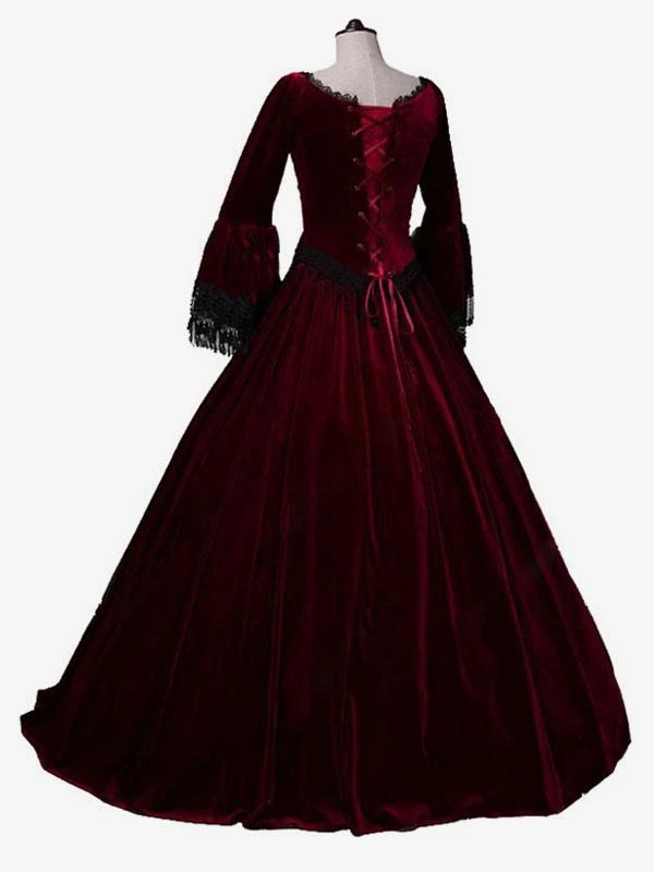 Burgundy Retro Costumes Women's Marie Antoinette Costume Lace Lace Polyester Tunic Dress Retro Masquerade Ball Gown - Image 4