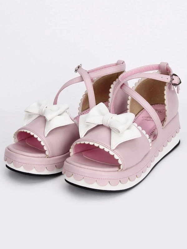 Lolitashow Pink Lolita Platform Sandals White Bows Ankle Straps Heart Shape Buckle - Image 3