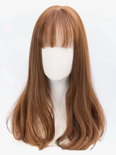 Classic Lolita Wigs Deep Brown Long Straight Blunt Bangs Curls At Ends Synthetic Hair Wigs - Image 2