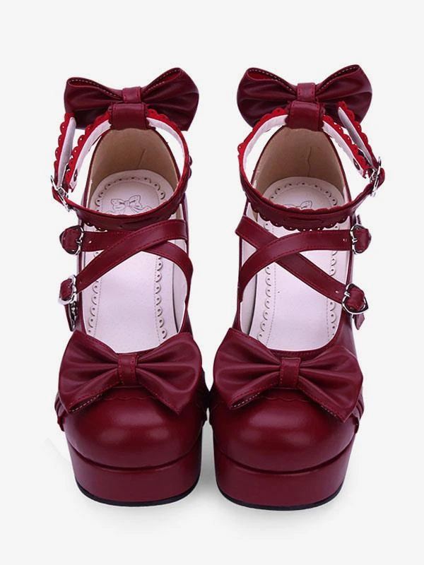 Sweet Lolita Shoes Bow Strappy Platform Chunky Heel PU Burgundy Lolita Footwear - Image 2