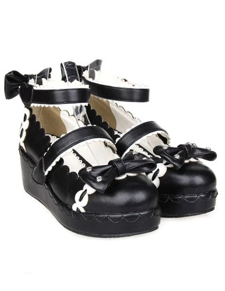 Lolitashow Sweet Lolita Shoes Platform Ankle Strap Bows Decor White Trim - Image 13