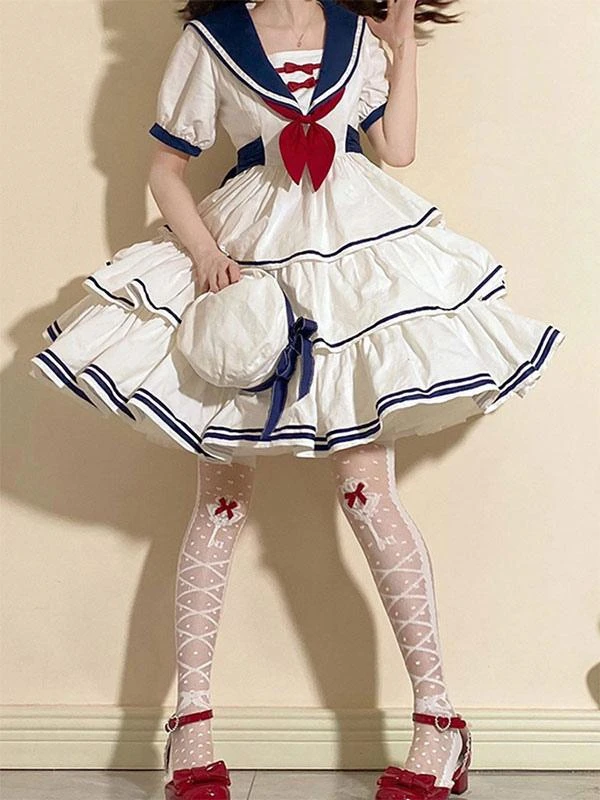 Sweet Lolita Dress Polyester Short Sleeves Dress Navy Style Lolita Dress - Image 4