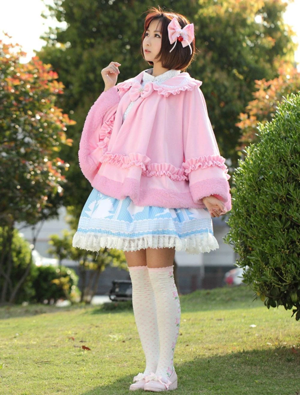 Lolitashow Sweet Lolita Clothing Pink Bow Ruffled Milanoo Lolita Cloak With Peter Pan Collar - Image 5