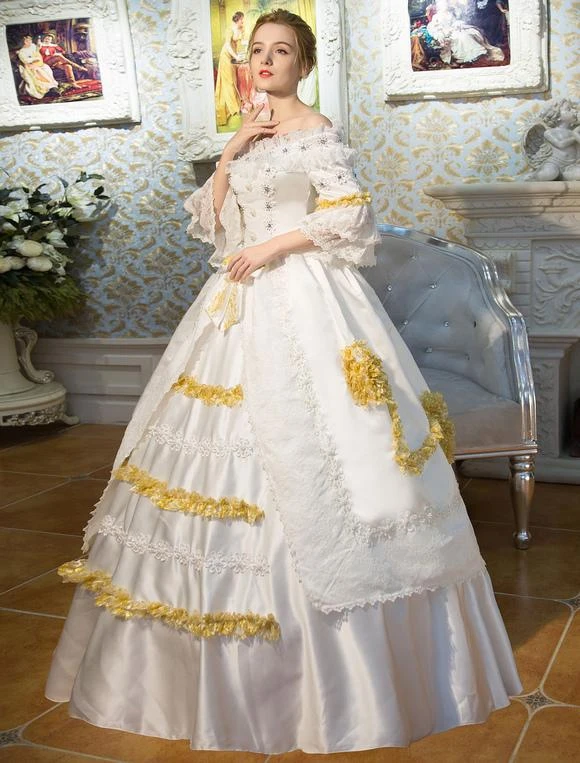 White Retro Costumes Flared Sleeve Off The Shoulder Victorian Vintage Maxi Dress Halloween - Image 2